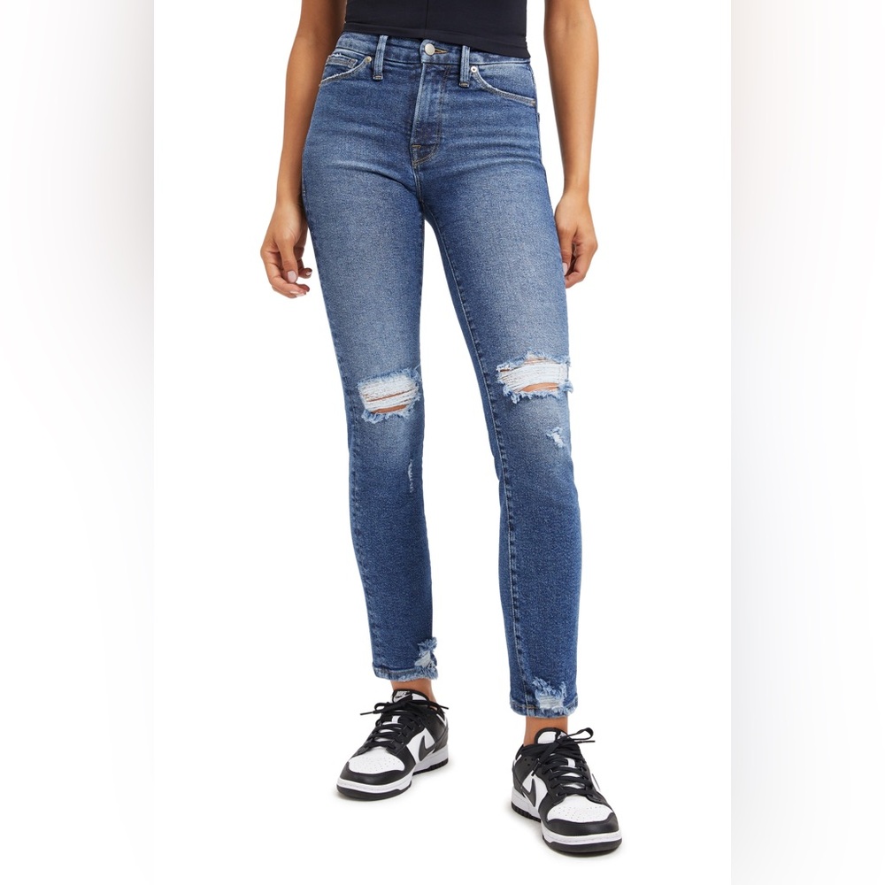 Good American Distressed High Rise Straight Leg Jeans